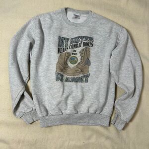 Grey crewneck sweatshirt‎ with "My Sister Wears Combat Boots" design medium